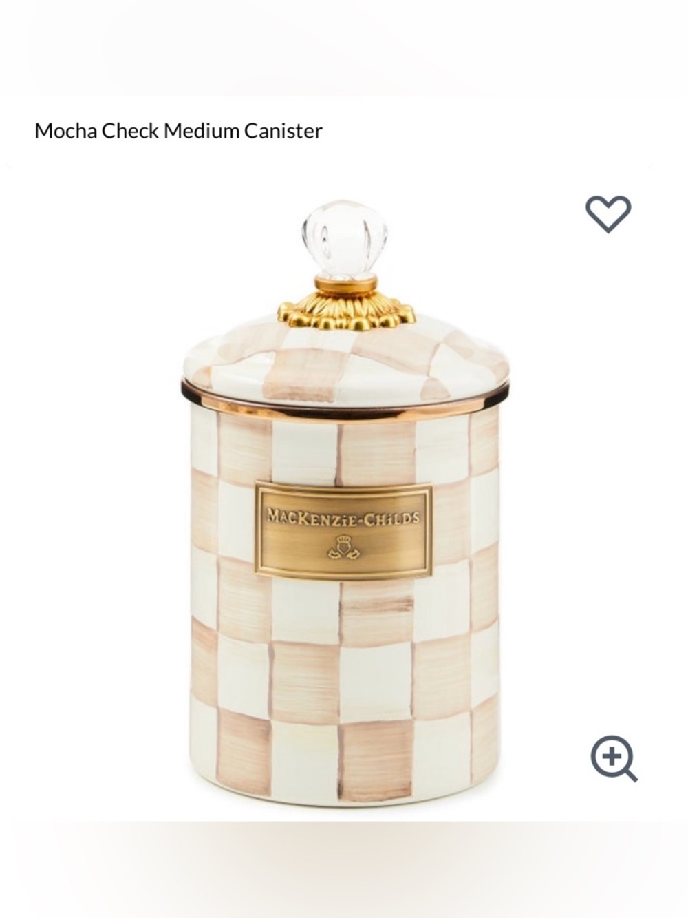 MacKenzie-Childs Beige & Cream Check Ceramic Canister with Gold Accents. Medium